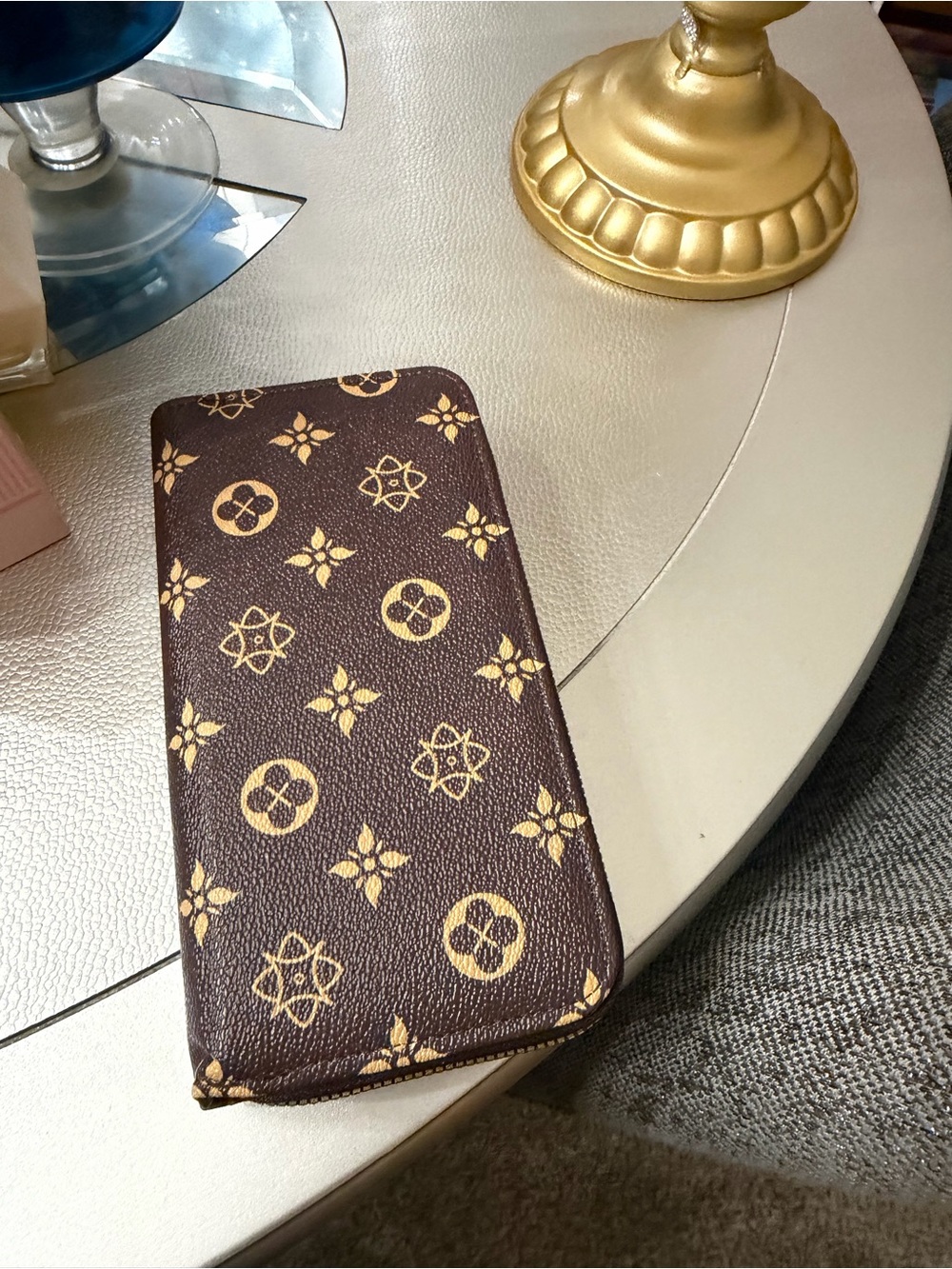 Brown Printed Zip Phone Wallet Case with Gold Motif